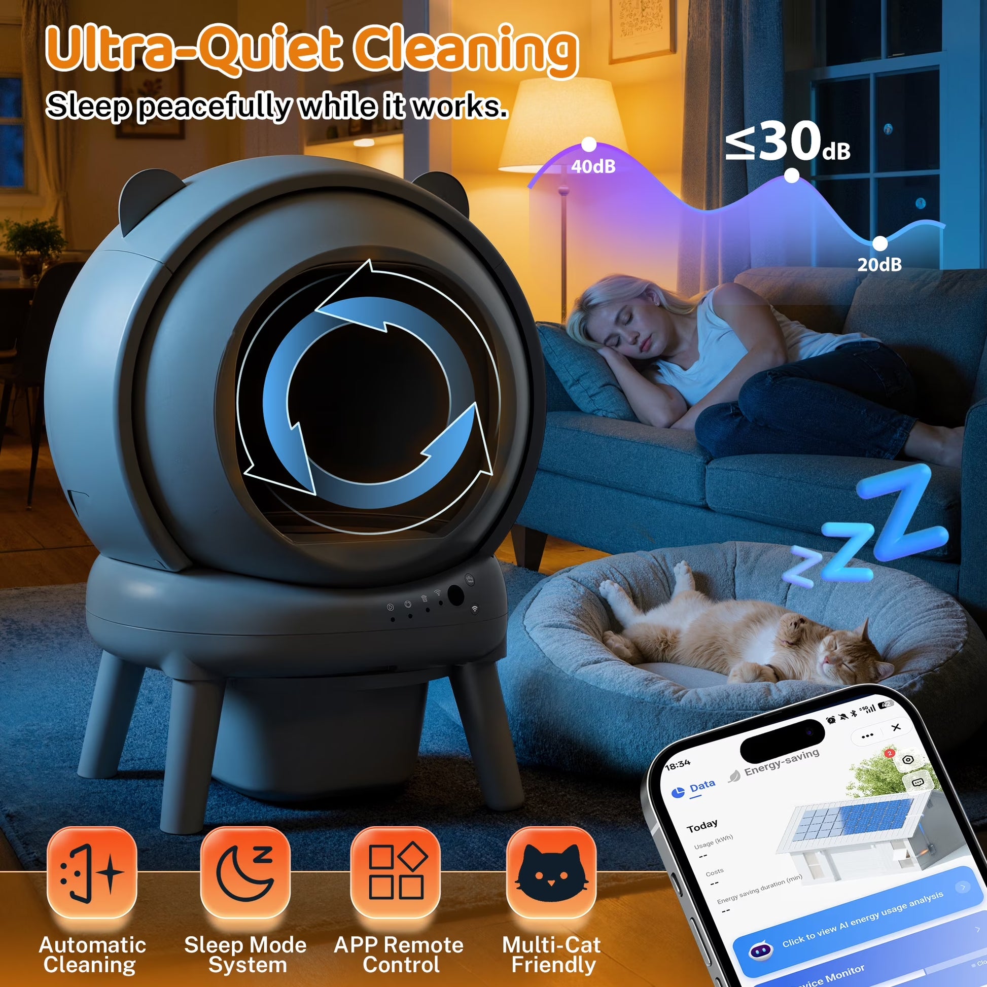 Automatic Cat Litter Box Self Cleaning, 100+15L Large Size Litter Box, 2.4G Wifi APP Control, Odor Removal, Safety Protection with Litter Mat & Liner