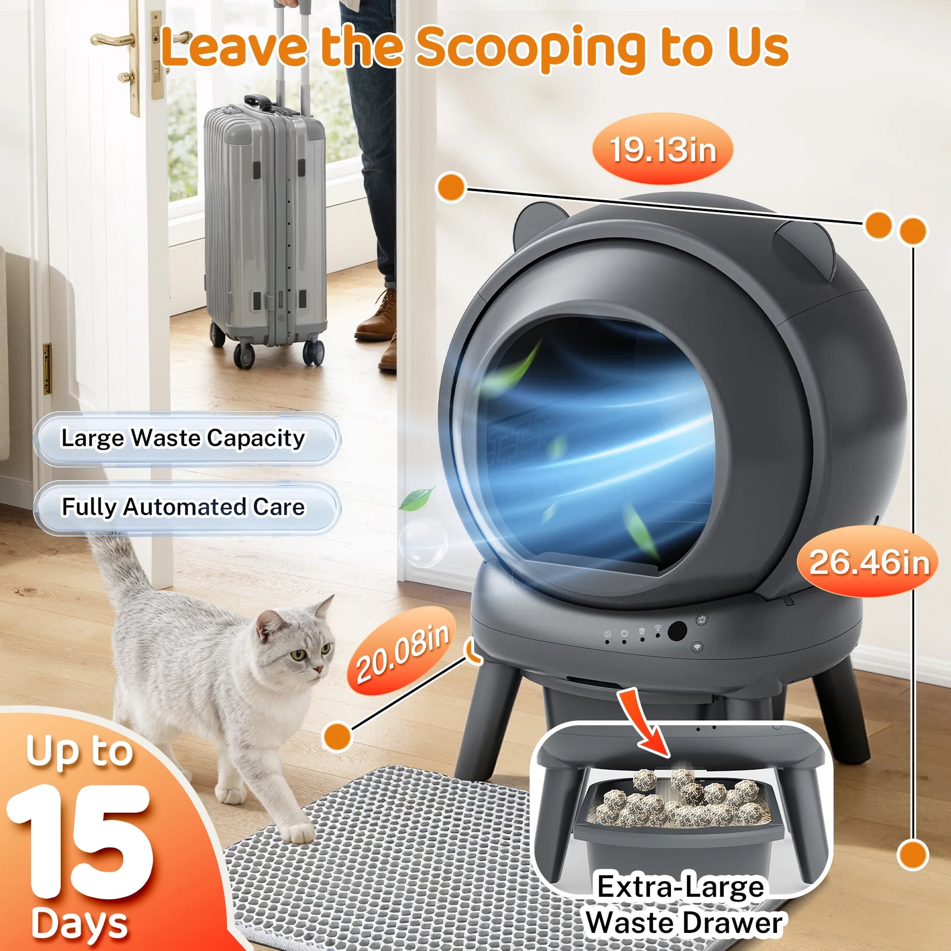 Automatic Cat Litter Box Self Cleaning, 100+15L Large Size Litter Box, 2.4G Wifi APP Control, Odor Removal, Safety Protection with Litter Mat & Liner